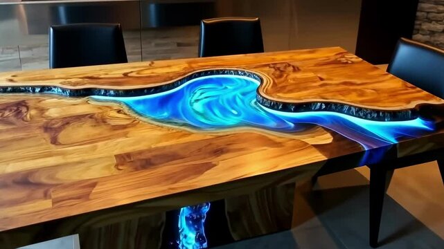 Stunning river table creation with glowing resin in a modern kitchen setting