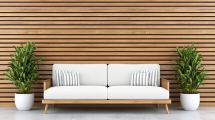 Modern living room design featuring stylish sofa and planters contemporary home interior decor minimalist environment straight view