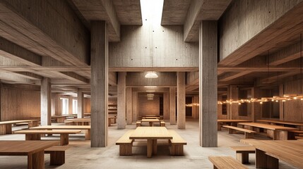 Spacious concrete interior featuring wooden tables & benches. Natural light streams through openings in the ceiling
