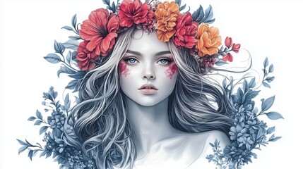 Persephone Greek goddess, floral crown, dual nature, plain white background, queen of the underworld