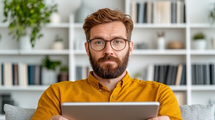 Focused professional man using tablet in modern home office engaging with technology indoor calm atmosphere