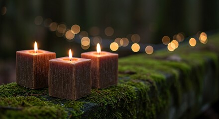 Three square candles glow warmly on mossy surface with bokeh lights in background creating tranquil atmosphere