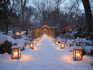 Lantern-lit trail leading through a serene snow-covered garden filled with sculptures, Generative AI