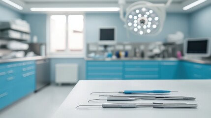 Precision Surgical Instruments on a Table in a Bright and Modern Medical Environment with Equipment in View
