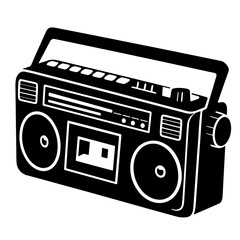 A black and white illustration of a vintage boombox.