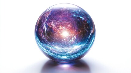 A vibrant, spherical object, seemingly a crystal ball, reflects swirling, multicolored nebulae
