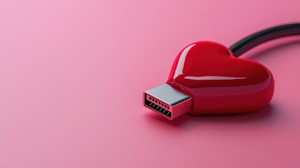 Heart-Shaped USB Connector on Pink Background Symbolizing Love for Technology and Digital Connections
