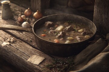 Rustic Beef Stew with Fresh Vegetables in a Bowl on a Wooden Table Surrounded by a Cozy Atmosphere and Natural Ingredients