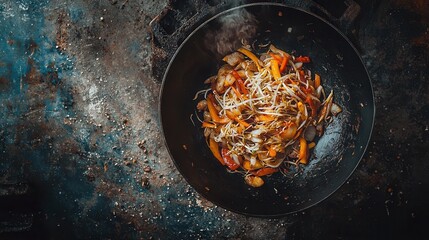 Wokfried Vegetables and Bean Sprouts in a Black Pan