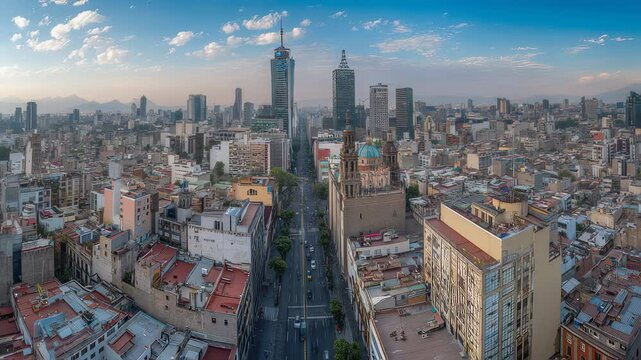 Panoramic aerial view of mexico city skyline with towering skyscrapers, bustling urban streets, and surrounding mountains under a clear blue sky