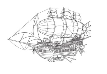 Airship steampunk ship fantasy flying drawing illustration vehicle adventure travel design concept art in black and white for adult coloring book. can use for print , coloring and card design