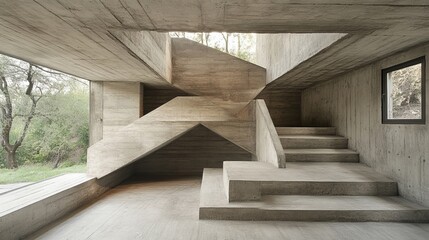 Concrete staircase within a modern minimalist building, geometric design, natural light, exterior view through windows
