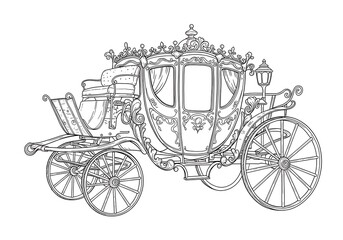 Fototapeta premium Carriage line art vintage coach drawing outline illustration antique transport vehicle design ornate 99 in black and white for adult coloring book. can use for print , coloring and card design