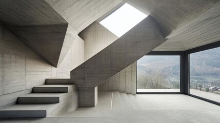 Obraz premium Modern concrete staircase with geometric angles, leading to a window with mountain view and natural light