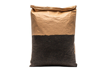 Paper bag filled with dark soil or compost isolated on transparent background