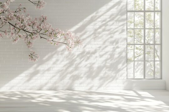 Fototapeta Sunlit room with white brick wall, wooden floor, and cherry blossoms