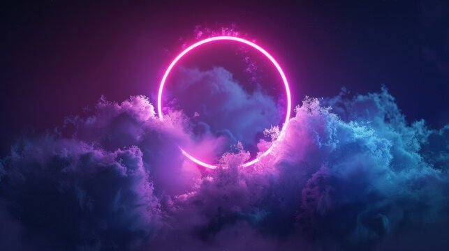 A glowing pink circle surrounded by clouds with a dark blue and purple background gradient effect