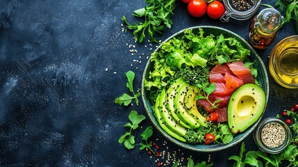 Healthy Salad Bowl with Avocado Tuna and Greens
