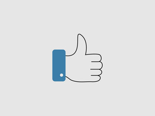 A simple illustration of a hand giving a thumbs up gesture with a blue cuff and a white dot outlined in black