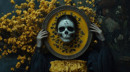 Woman with Skull Makeup Holds Ornate Tray Amidst Yellow Flowers