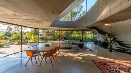 Modern home's bright interior with glass walls, dining area, stairs, and a view of lush greenery