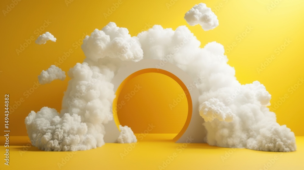 Poster a yellow backdrop with a circular opening framed by fluffy white clouds in a studio setting