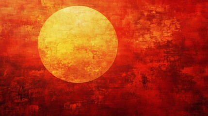 Abstract orange and yellow sun circle on red grunge background in modern art painting with bold color and texture


