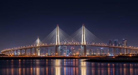 Obraz premium Illuminated Cable Bridge at Night - A stunning night view of a modern cable-stayed bridge illuminated against a dark sky, reflecting in calm water. City skyline in the background