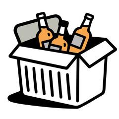 A cartoon illustration of three bottles of beer in a cardboard box, depicting a fun, casual mood in orange and white tones.