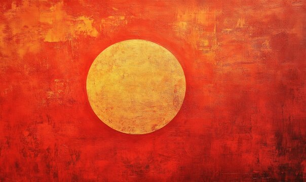 Abstract orange and yellow sun circle on red grunge background in modern art painting with bold color and texture



