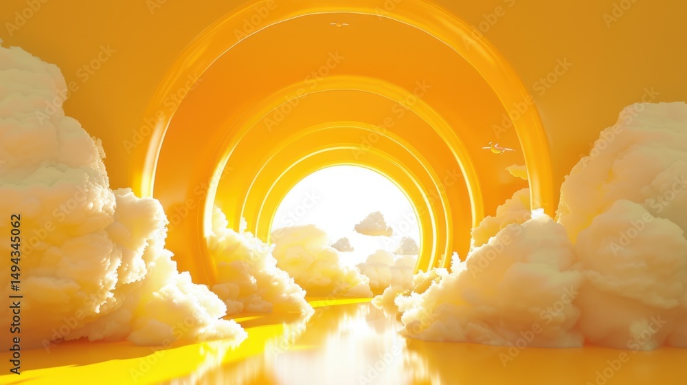 Poster golden tunnel with clouds and bright light at the end creating a dreamlike atmosphere effect