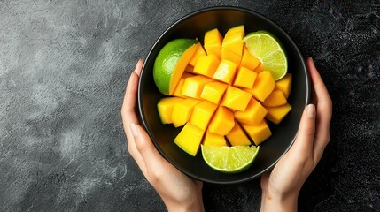 Fresh Cut Mango with Lime in Bowl Held by Hands