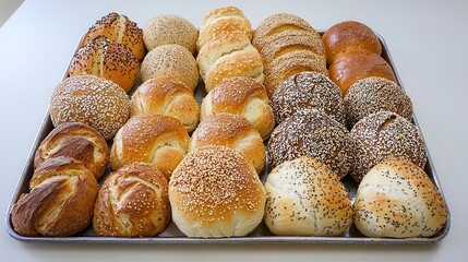 Assorted Freshly Baked Bread Rolls and Buns on Tray