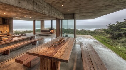 Coastal dining area with rough wooden tables, fireplace, and open ocean view. Concrete structure contrasts with the natural scene