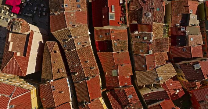 Aerial view of red roofs of houses in the historic center of Hyeres, France