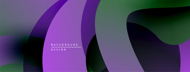 Abstract fluid shapes overlap, creating dynamic purple, green gradients. Modern design evokes movement, depth. Minimalist aesthetic.