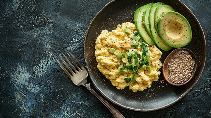 Scrambled Eggs with Avocado and Sesame Seeds on Rustic Plate