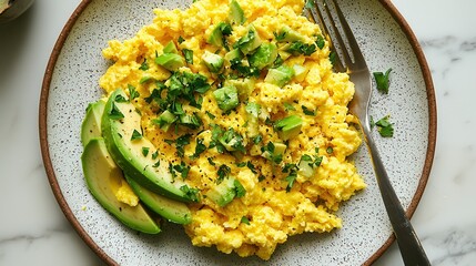 Scrambled Eggs with Avocado and Herbs on a Plate