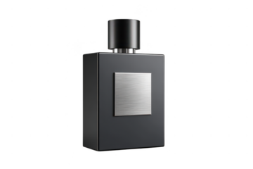 Elegant dark perfume bottle with silver label isolated on transparent background