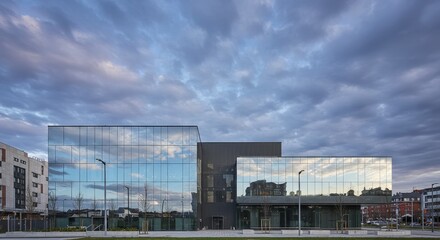 Modern Glass Facade Building at Dusk - Sleek modern architecture, reflective glass, urban setting, evening light, contemporary design. Symbolizing progress, innovation, reflection, sophistication