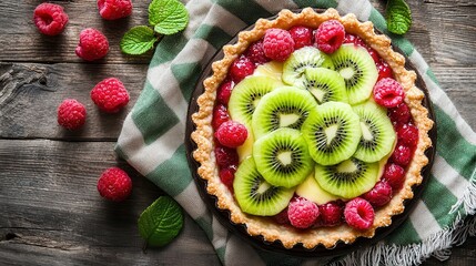 Delicious Raspberry and Kiwi Tart on Rustic Wooden Table