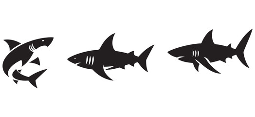 Set of Three Tribal Shark Silhouettes in Black – Stylized Ocean Predator Vector Icons for Modern Tattoo Art, Surf and Dive Branding, eSports Logos, and Graphic Design Collections