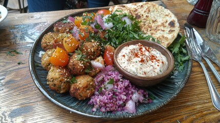Delicious Mediterranean Falafel Plate with Fresh Herbs and Creamy Dip