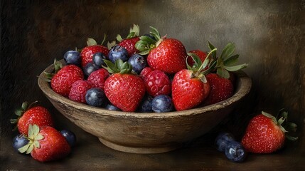 Still Life of Strawberries Raspberries and Blueberries in a Wooden Bowl
