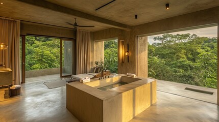 Fototapeta premium Luxurious bathroom boasts open windows, a tub, and a view of the lush green forest