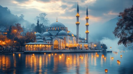 Fototapeta premium Serene Mosque by the Lake at Dusk