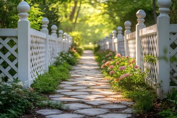 White lattice fence along garden path symbolizing privacy, boundary, and decorative outdoor landscape design
