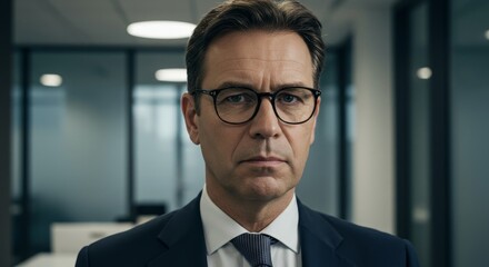 Fototapeta premium Portrait of a Man in Glasses, Office Background - Serious businessman, professional attire, corporate setting, confident expression, leadership concept