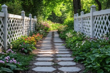 White lattice fence along garden path symbolizing privacy, boundary, and decorative outdoor landscape design
