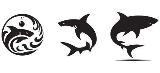Set of Three Tribal Shark Silhouettes in Black – Stylized Ocean Predator Vector Icons for Modern Tattoo Art, Surf and Dive Branding, eSports Logos, and Graphic Design Collections